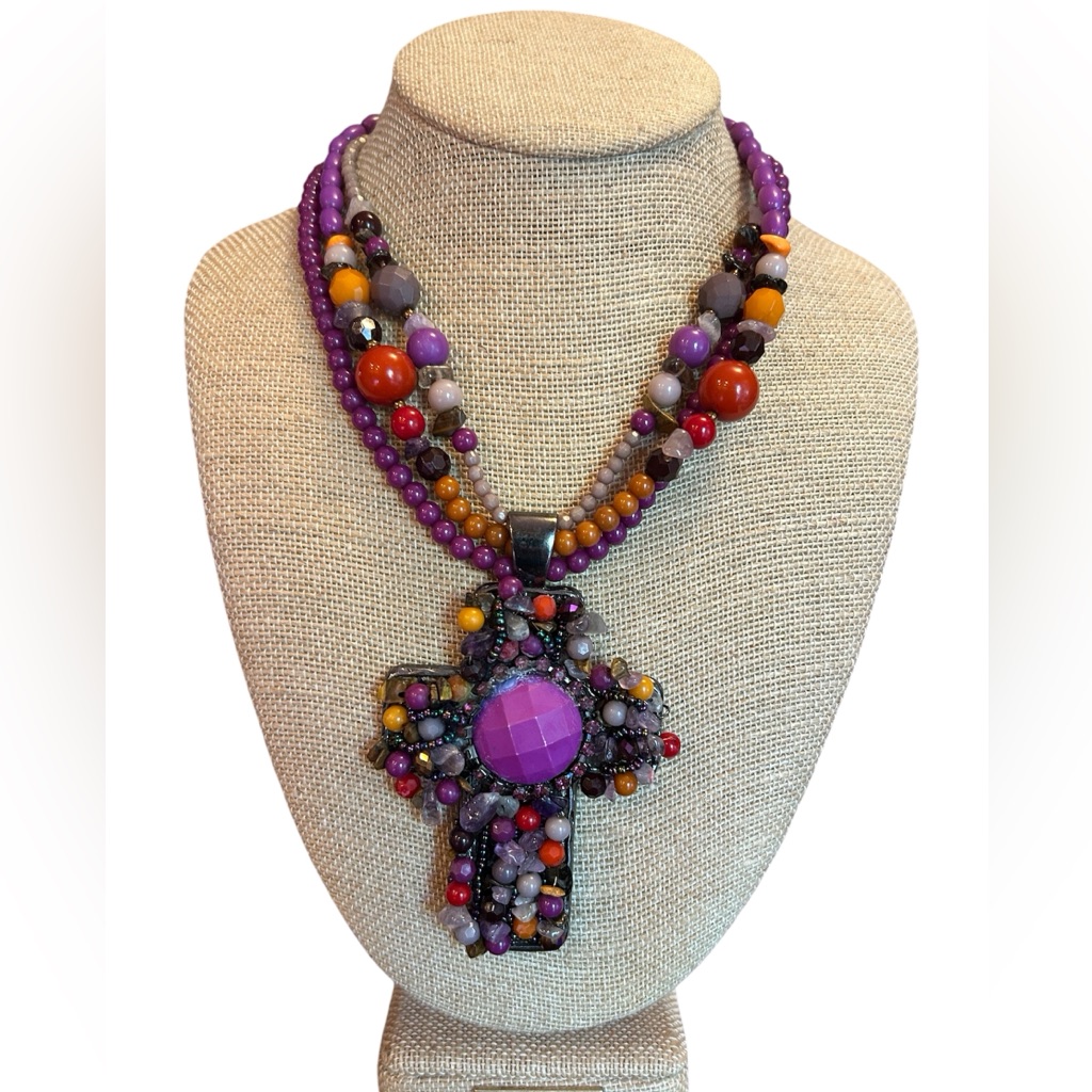 Nena Purple Beaded Cross Necklace